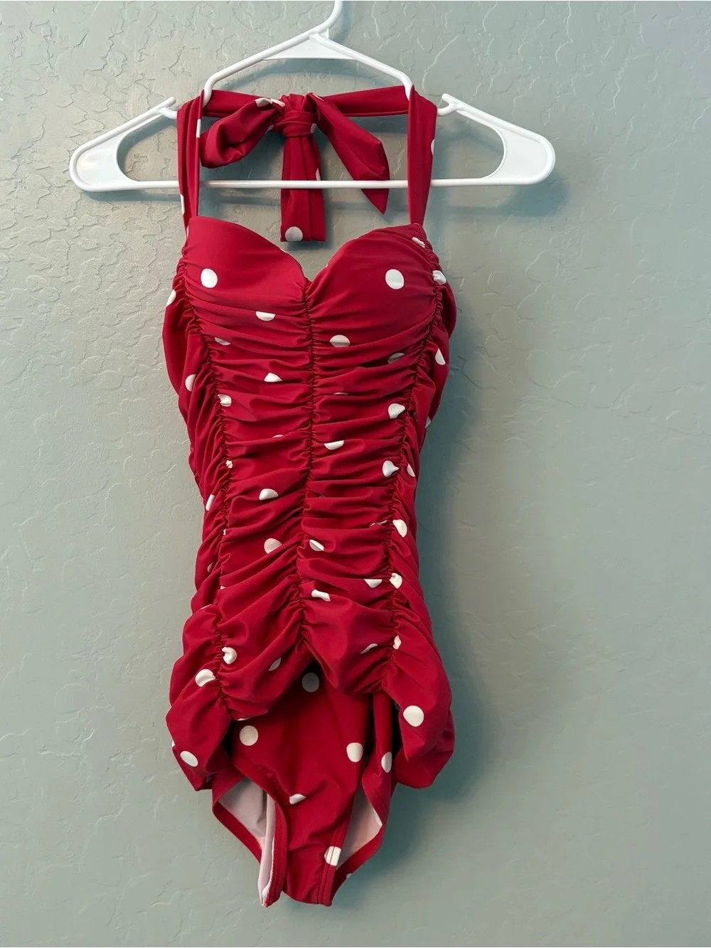 Unique vintage swim mansfield halter red white one piece dot swimsuit medium